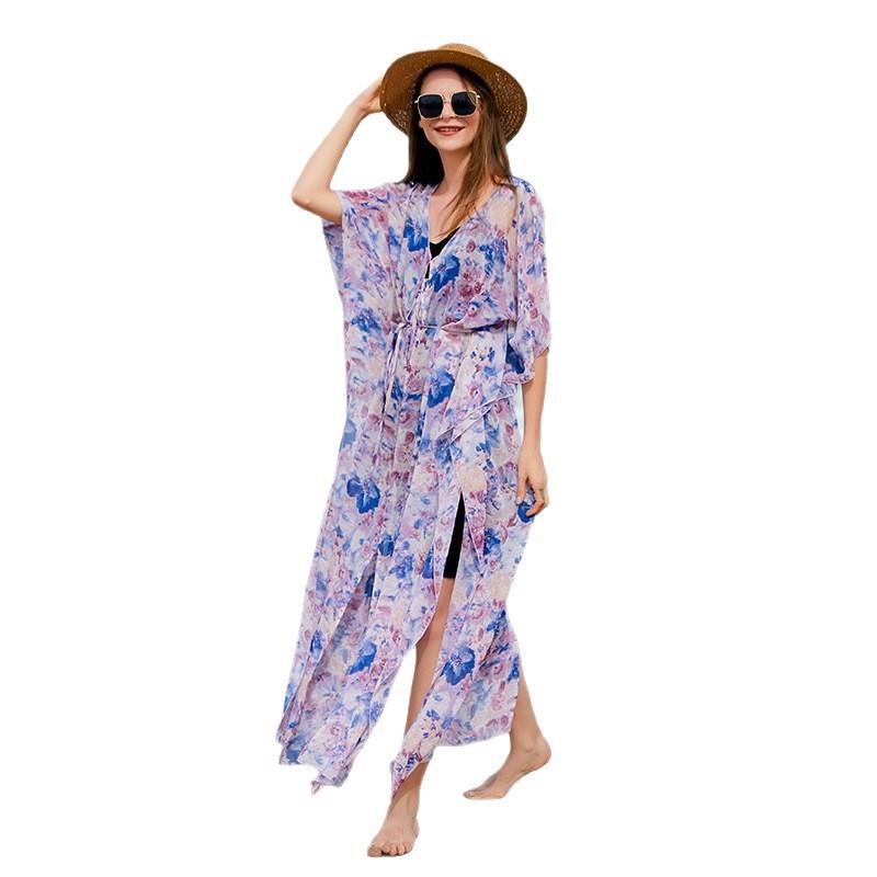 Chiffon Bedruckte Damen Strandbluse Sexy Cardigan Locker Strandurlaub Kleid