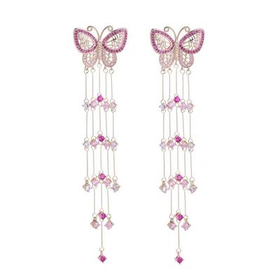 Pendientes de Moda de Insecto Mariposa con Borla Larga Colgante Joyería Pendiente de Botón con Circonita Cúbica Rosa Moda Femenina Pendientes de Boda