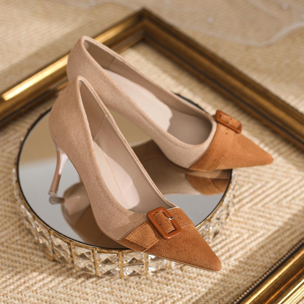 - Color matching high heels New autumn and winter suede Korean version fashionable and sexy pointed stiletto shoes