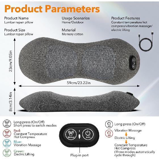3 in 1 Electric Lumbar Massager Support Pillow, Back Massager with Heat, Adjustable Height for Bed and Chair,Back Support Pillow for Lower Back Pain