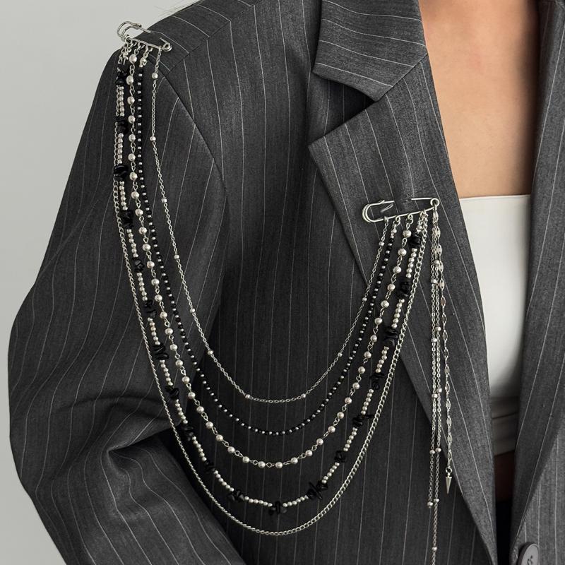 Long Crystal Chain Brooch Fashionable Multi-Layer Chain Brooch Ornament Punk Tassel Pin For Women Men Suit Jacket Accessory