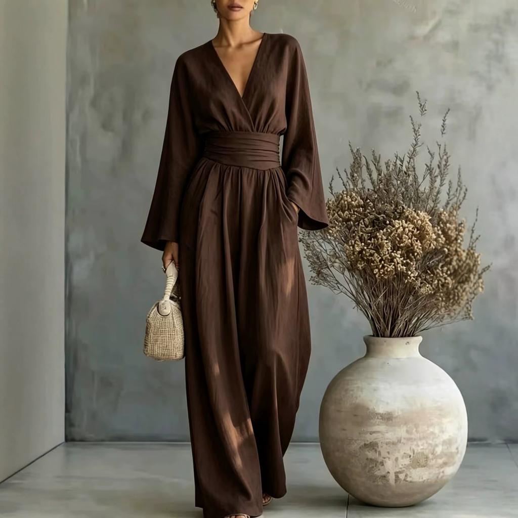2026 Women's Solid Color V-Neck Waist Jumpsuit Long Sleeve High Waist Skinny Wide Leg Pants Vacation Set