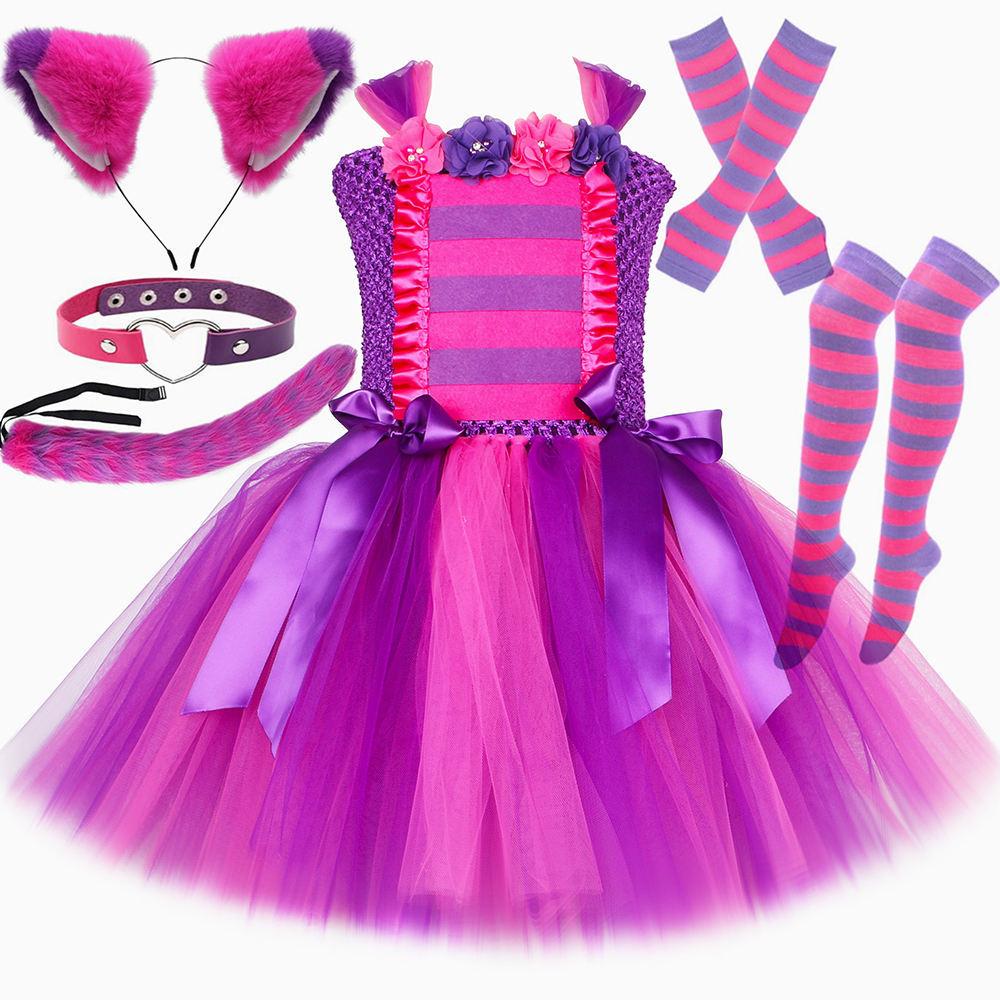 Kids Cheshire Cat Tulle Puff Dress, Alice in Wonderland Cute Cat Princess Cosplay Outfit