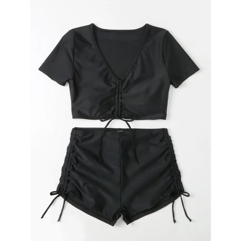 Women's Two-piece Swimsuit With Short Sleeved Flat Corner Pants And Drawstring Swimsuit