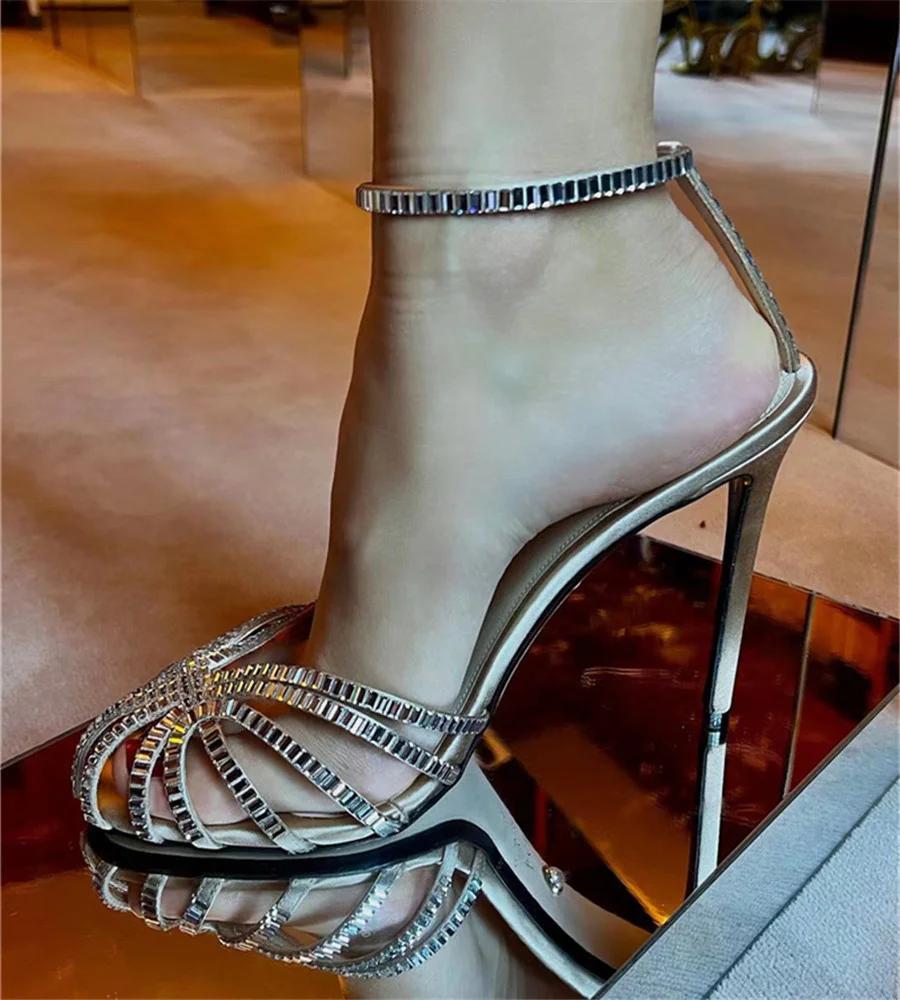 

Fashion 2025 High Heel Shoes Designer Rhinestone Women Gladiator Sandals Ankle Strap Hollow Out Summer Dress Pumps Closed Toe Stiletto 40