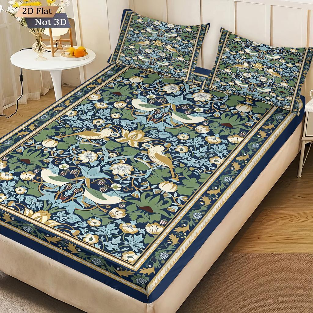 Conjunto de Lençóis Estilo Étnico Retrô com Padrão de Pássaro e Flor 3 Peças Cobertura de Cama Multitamanho Decoração de Cama para Quarto Lavável à Máquina