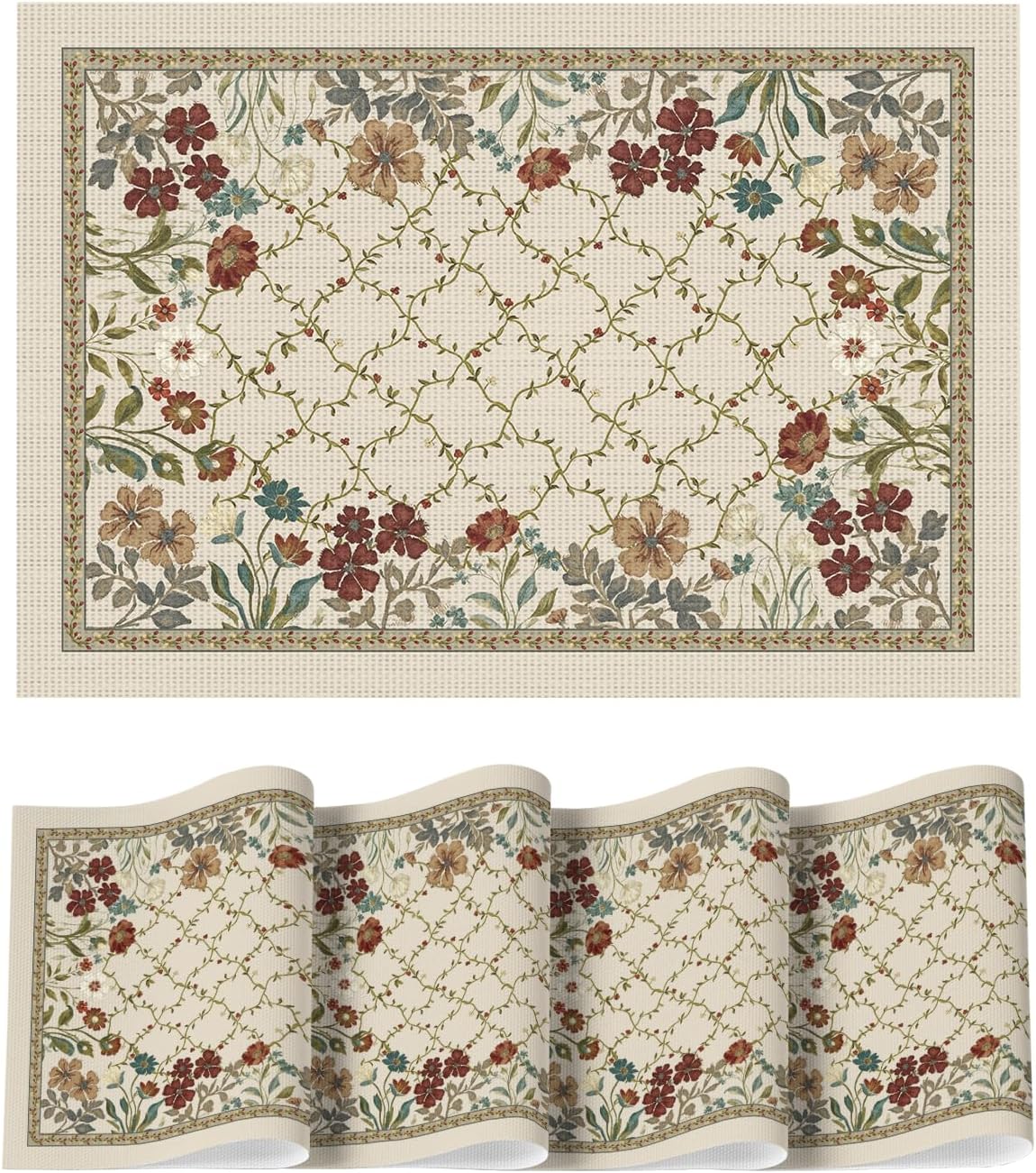 

Wildflowers Leaves Spring Vinyl Placemats Set of 4, Washable Woven Non-Slip Plastic Table Mats for Farmhouse Holiday Party Kitchen Dining Decor 4pcs-12x18