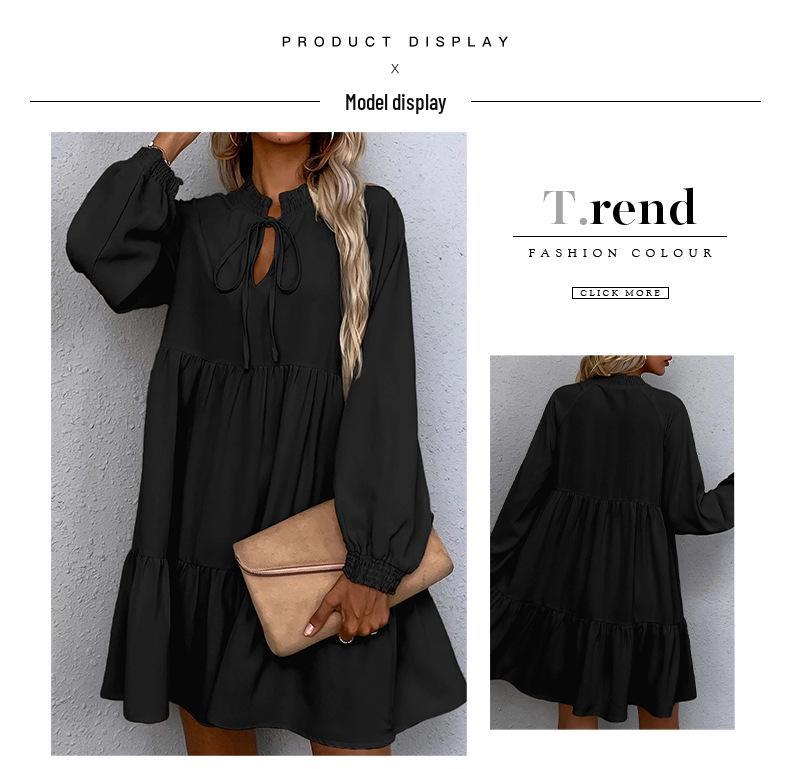 Shi Ying Women's Solid Color Autumn Midi Dress - Long Sleeve, Drawstring, Pointed Collar, Loose Fit