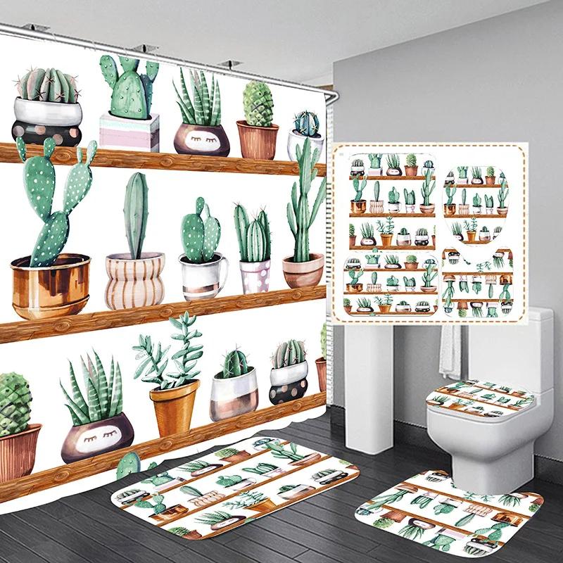 Tropical Green Plant Leaf Palm Cactus Shower Curtain Set Bathroom Curtain Anti-Slip Bath Mat Set Toilet Rugs Carpet Home Decor
