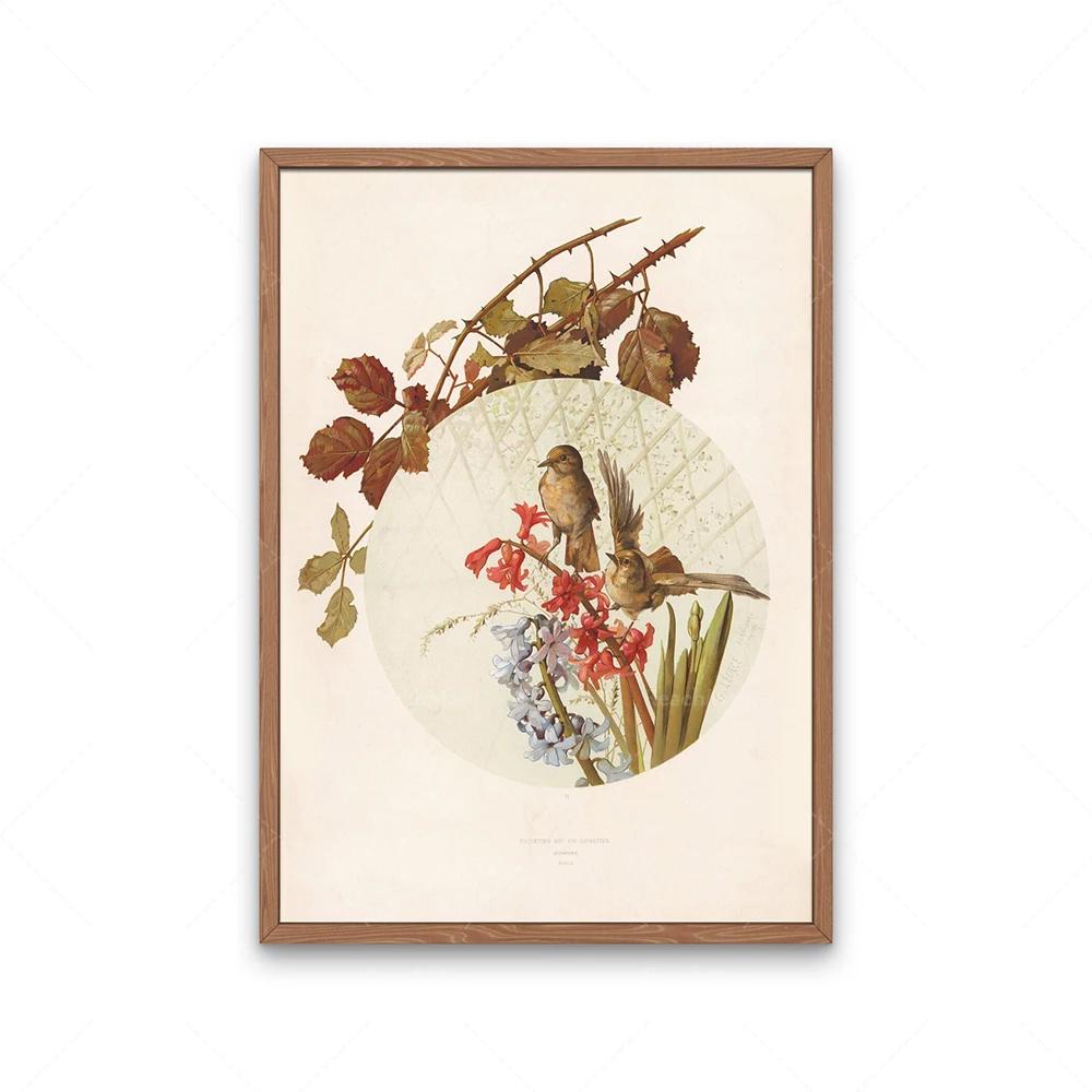 Garden birds poster, goldfinch bird, beaked warbler bird and hyacinth flower, four bengal birds, audubon bird print decoration,