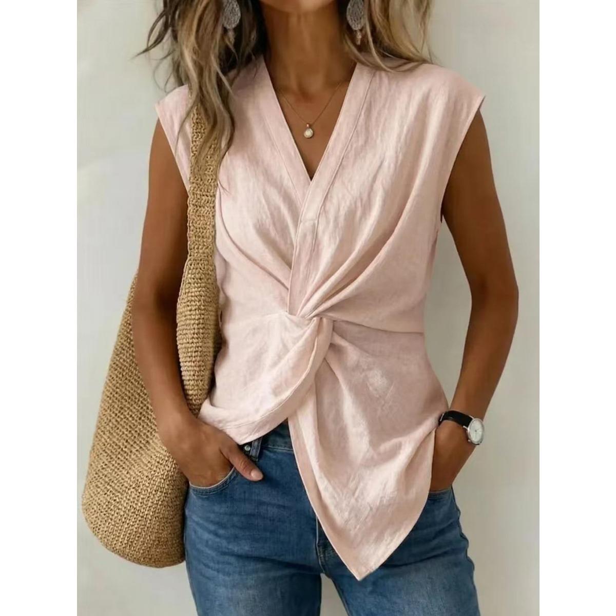 Summer Women s French Twist Knot V-neck Short Sleeve Shirt Tank Top, Elegant High-end Casual Vest S