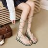 Fashion Cross Strappy Sandals Shoes for Women Summer Flat Bottom Beach Lace-up Roman Flip Flops Sandales Femme Casual Pearl Soft Sandal