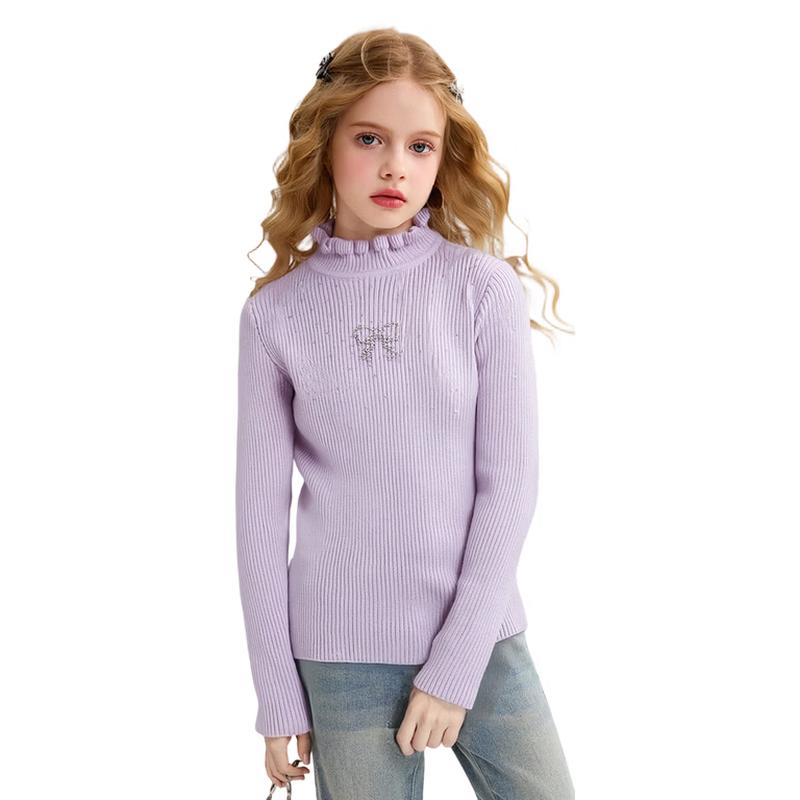 ASK JUNIOR Girls  Ruffled Semi-High Collar Sweater with Bow Rhinestone Detail XXL