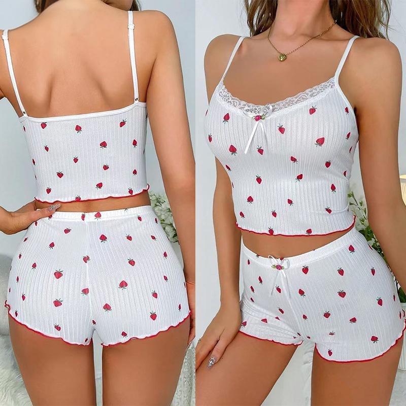 Women Pajama Set Lace Trim Camisole & Shorts – Sexy Strawberry Print Two-Piece Sleepwear Lounge Wear