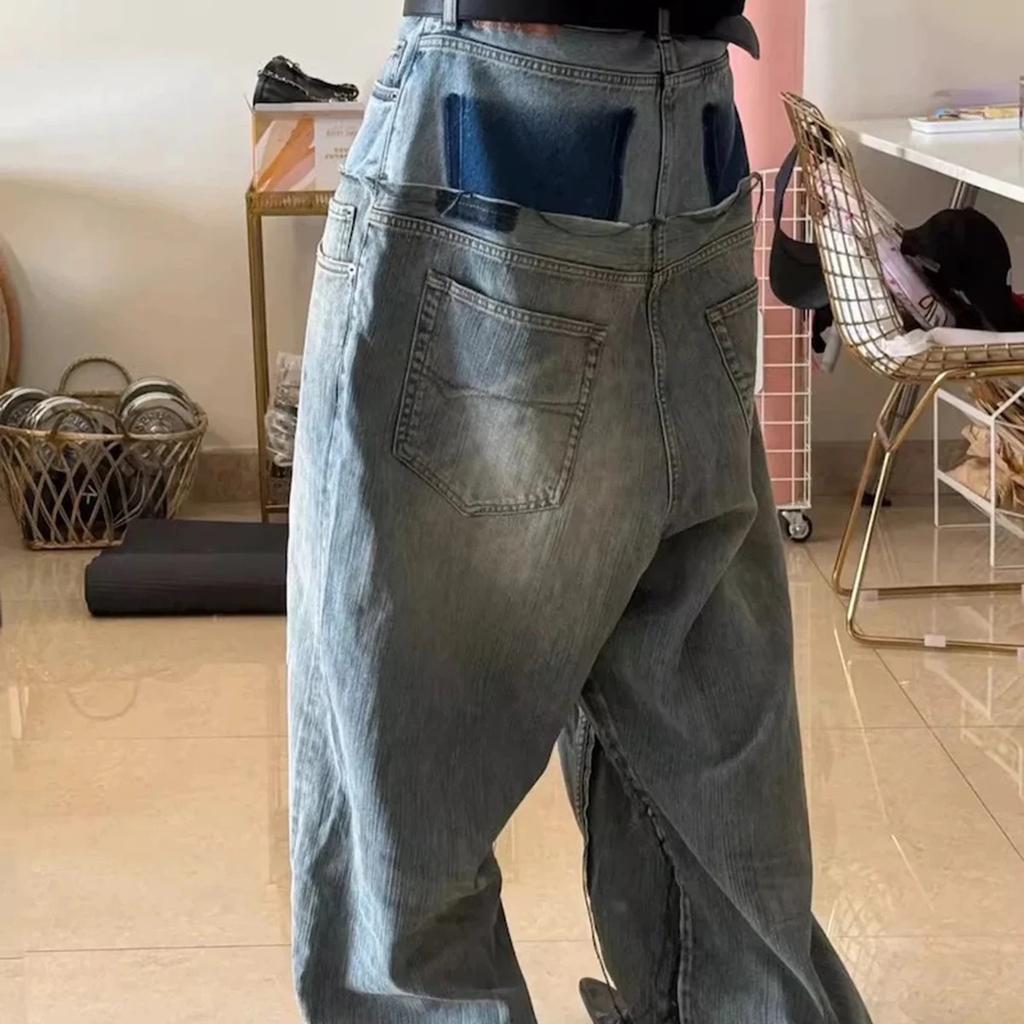 RogueWave CUT-UP Dobbeltlags Jeans med dobbel midje og patchwork-design for menn og kvinner. Rette, avslappede, løse denimbukser i oversized størrelse.