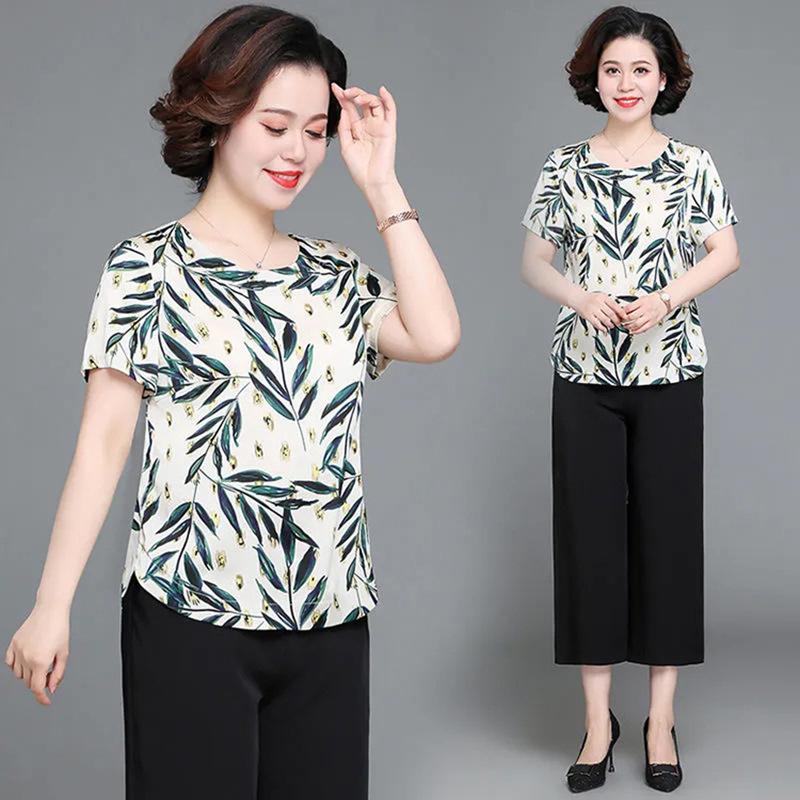Western Style Suit Ice Silk Blouse Middle-aged and Elderly Women's Printed Short-sleeved Shirt