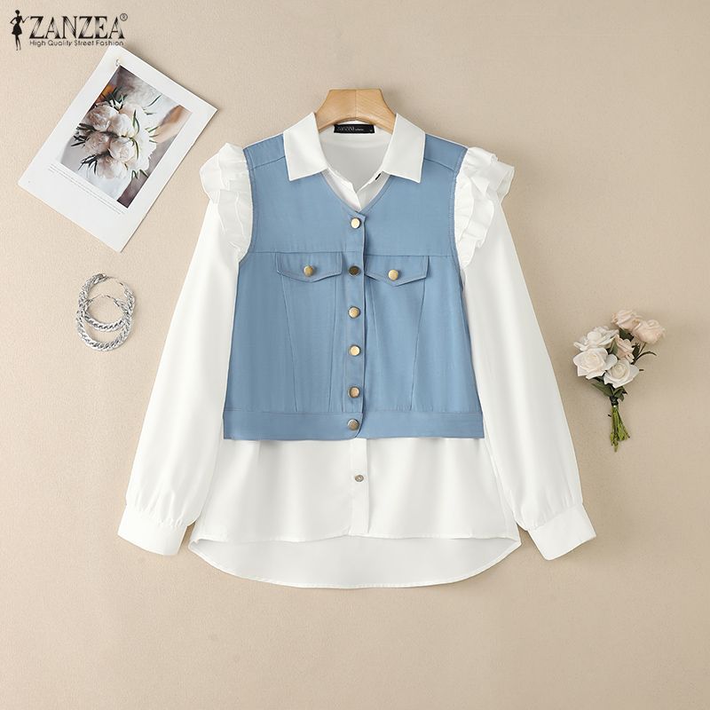 ZANZEA Blouse Patchwork Ample Décontractée à Manches Longues pour Femmes