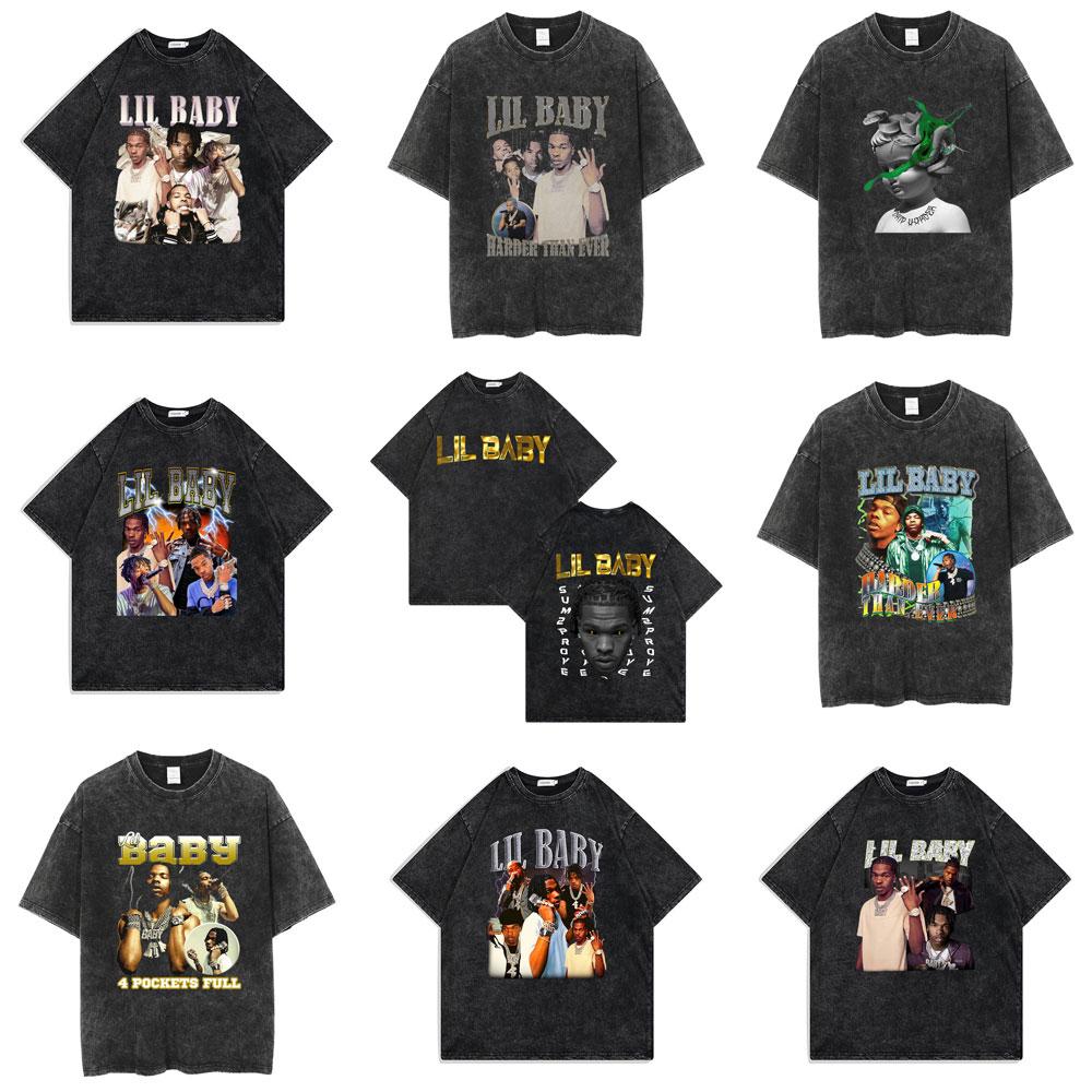 Hip Hop Rapper Wash Vintage Black Lil Baby T Shirt Unisexs Fashion Oversized Tee Short Sleeve Regular Male Tshirt Unisex Streetwear