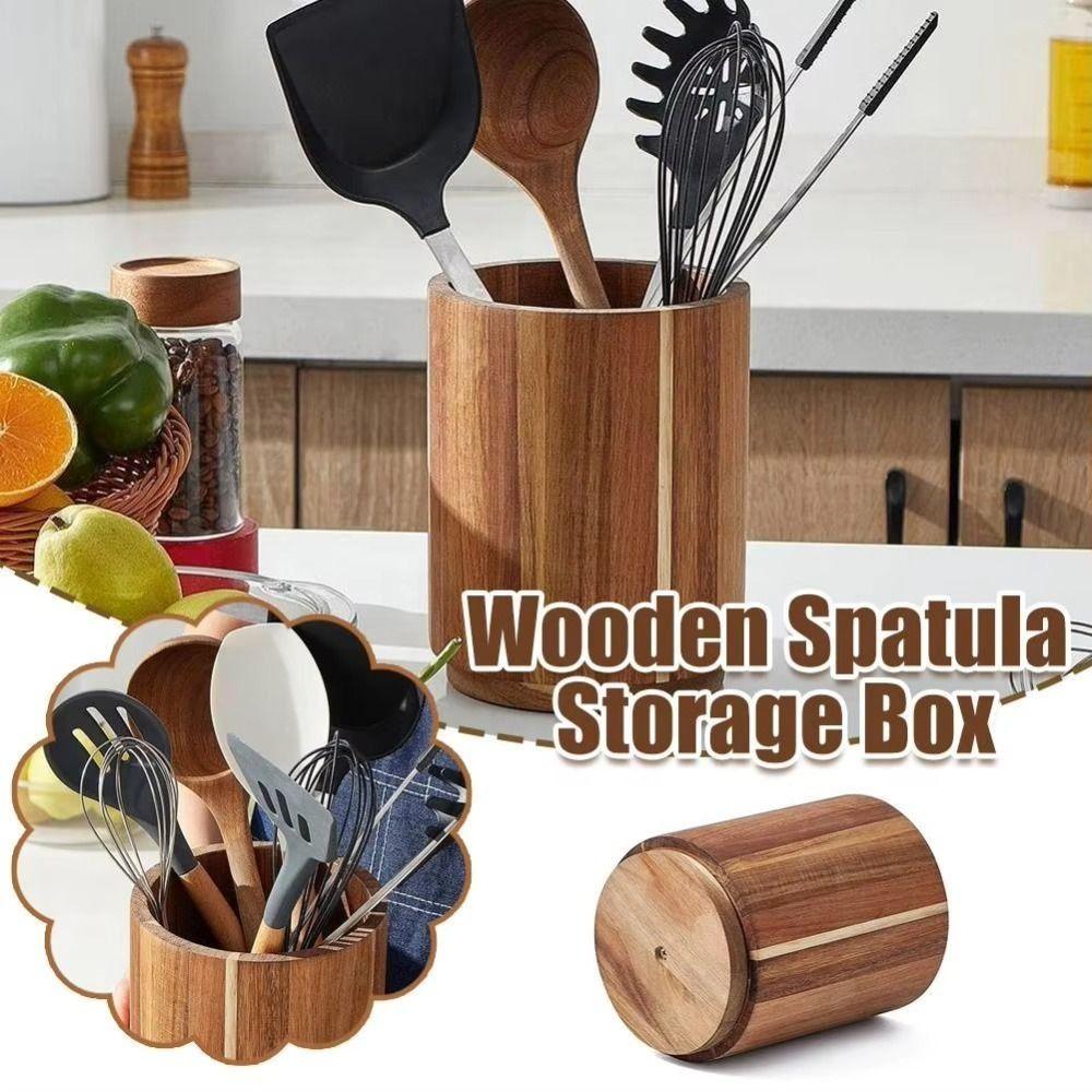360° Rotatable Cutlery Rack Wooden Large Fork Organizer  for Dining Container