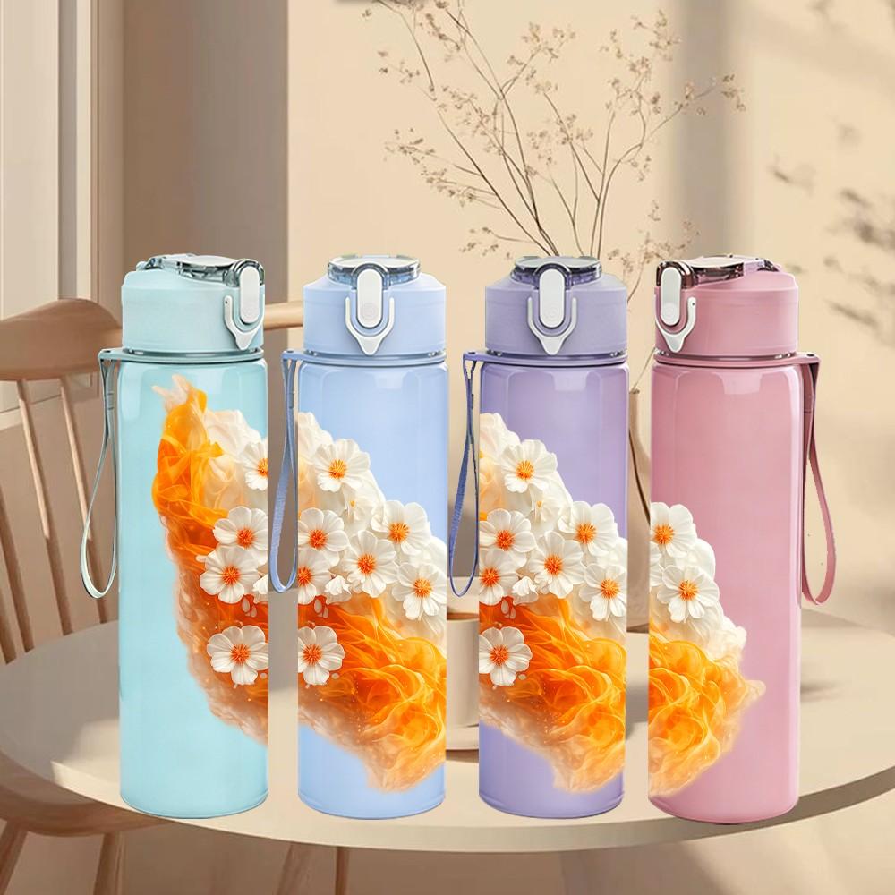 1PC Orange Tulip Flower Watercolor Print 750ml Color Plastic Sports Water Bottle Leakproof Flip Straw Lid Suitable for Sports Office Home Use