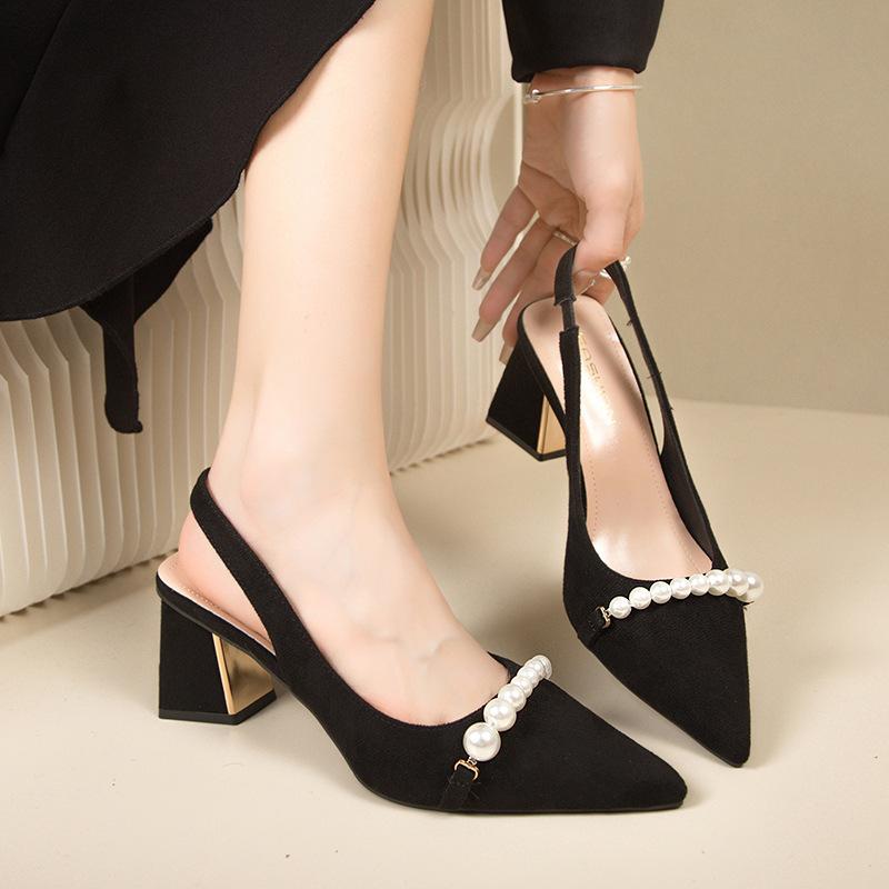 French High-end Qipao High Heels Women's 2023 Summer New Black Thick Heel Toe Sandals Pointed Single Shoes