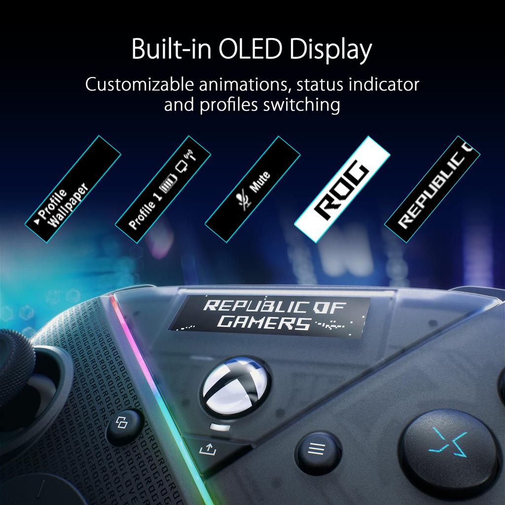 ASUS ROG Raikiri Pro Gamepad back buttons PC Xbox compatible OLED display Wired Bluetooth connectivity Selectable trigger distance ESS DAC Advanced
