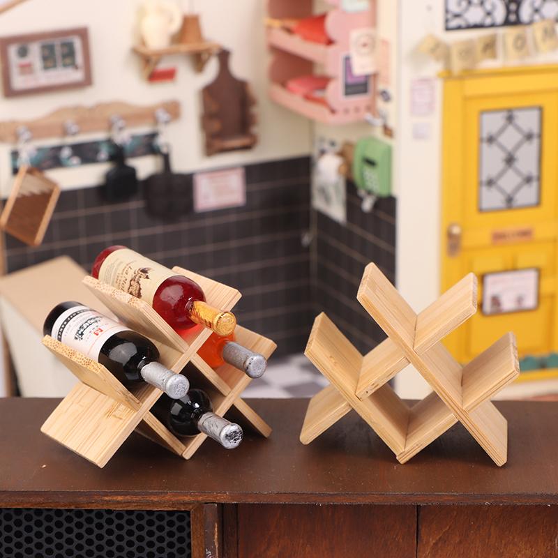 Puppenhaus Zubehör Miniatur Holz Wein Flasche Halter Mini Schaufenster Modell Spielzeug Für Puppe Haus Dekoration
