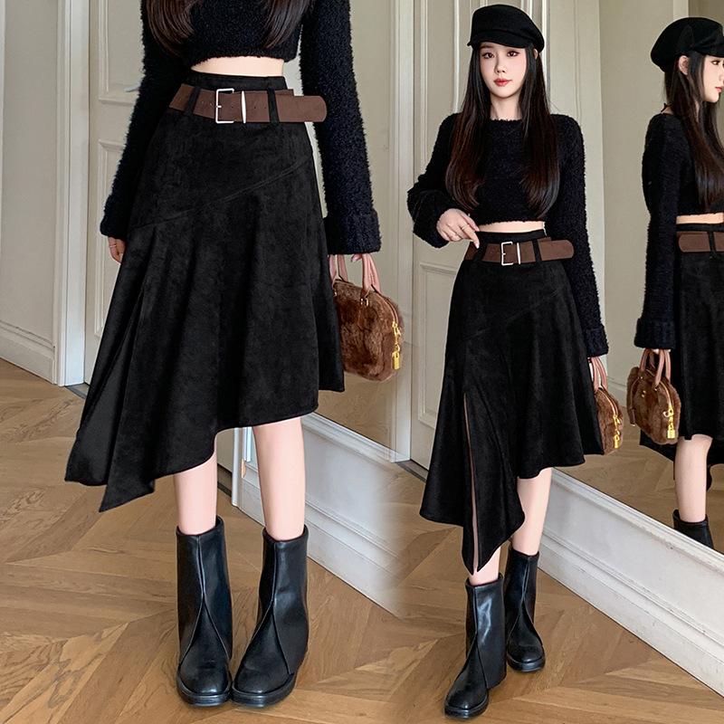 Elegant Suede Midi Skirt with Irregular Slit - Women's Autumn/Winter Fashion