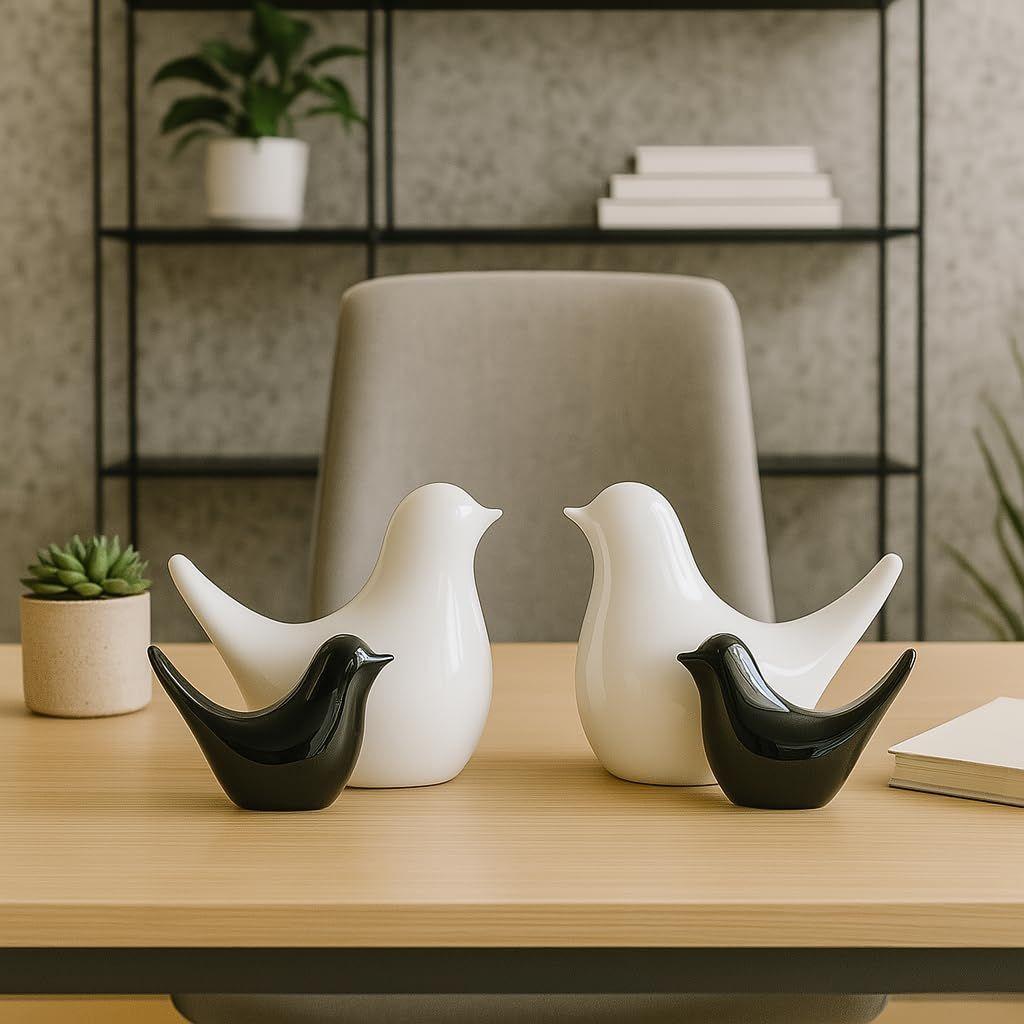 Kreativní bílé a černé lesklé keramické figurky ptáčků bytové dekorace doplňky párty (Balení po 4)