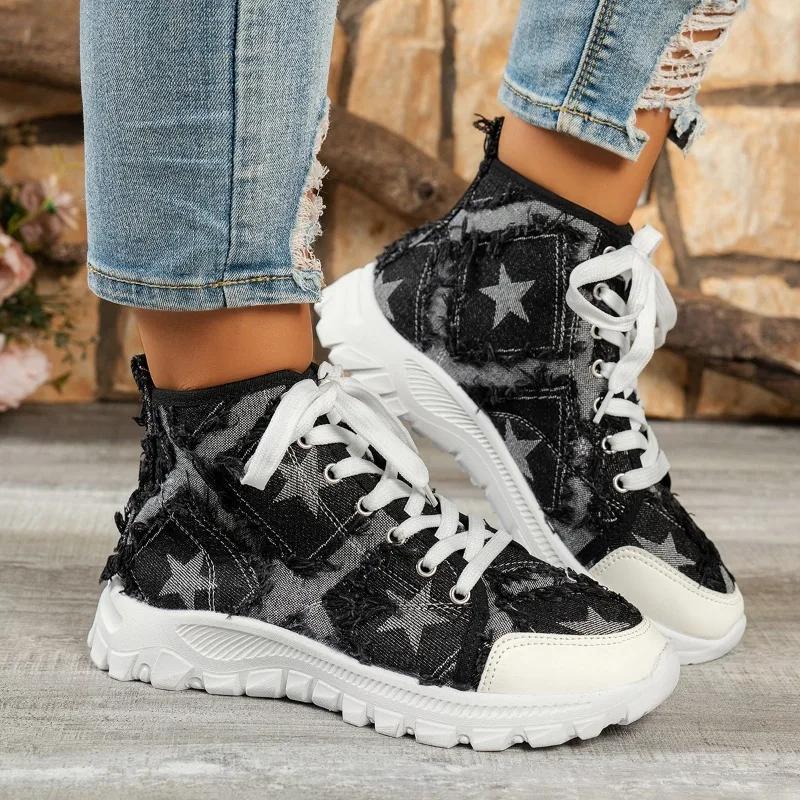

Модные новые джинсовые кеды с принтом пятиконечной звезды, женские кроссовки большого размера 43 на шнуровке, спортивная повседневная вулканизированная обувь 36 чёрный
