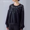 Pearl Sweatshirt Volume Round Loose [Blue Beryl] [Limited Stock] [Blue Beryl] Women's Pullover, Sleeves, Neck, Off-the-Shoulder, Fit, Black,
