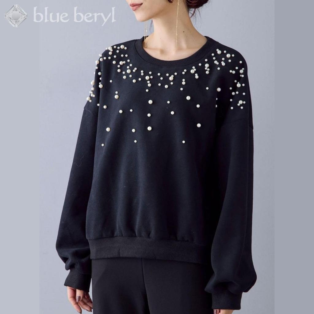 Pearl Sweatshirt Volume Round Loose [Blue Beryl] [Limited Stock] [Blue Beryl] Women's Pullover, Sleeves, Neck, Off-the-Shoulder, Fit, Black,