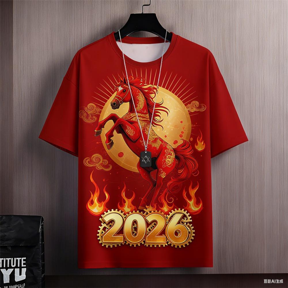 2026 Year of the Horse Fashion Red T-Shirt Men’s Extended Street Casual