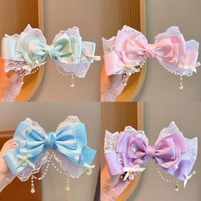Cute Gilrs Lolita Pink Bow Headpiece Large Lace Bow Pearl Pink KC Cute Princess Headwear Lolita Hair Clip Hair Accessories