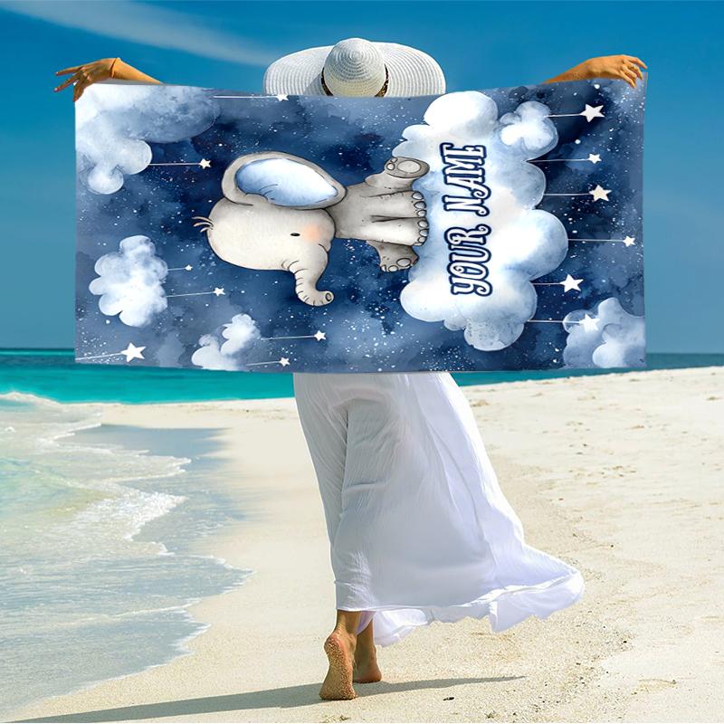 1PC Custom Name Elephant Dreams Sky Beach Towel Highly Absorbent And Sand-Resistant Towel for Swimming, Pool, Yoga, And Travel Lightweight