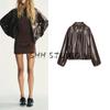Fall New Women's Clothing Pocket Trim Lapel Long Sleeves Poly Urethane Leather Pilot Jacket Outwear 4341736