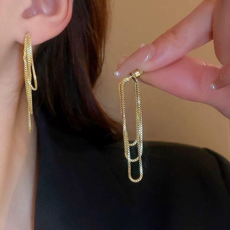 Korean Fashion Tassel Line Gold Color Stainless Steel Drop Dangle Earrings for Women Wedding Bride Party Jewelry Accessories