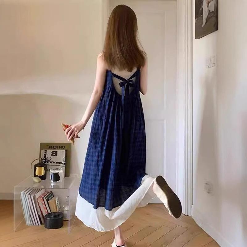 Blue plaid suspender dress women's summer French temperament small salt sweet vest big pendulum long skirt