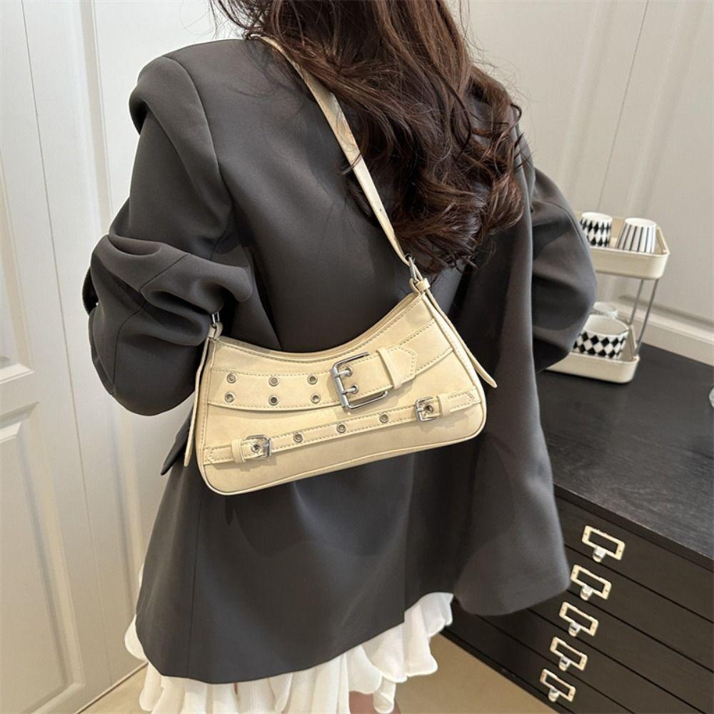 Pu Leather Belt Buckle Shoulder Bag Elegant Spicy Girls Handbag Trendy Y2k Underarm Bag  Club