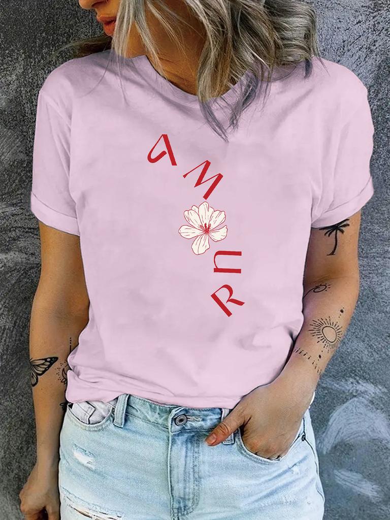 Women'S Casual Round-Neck T-Shirt with Stylish Letter Print for Spring and Summer