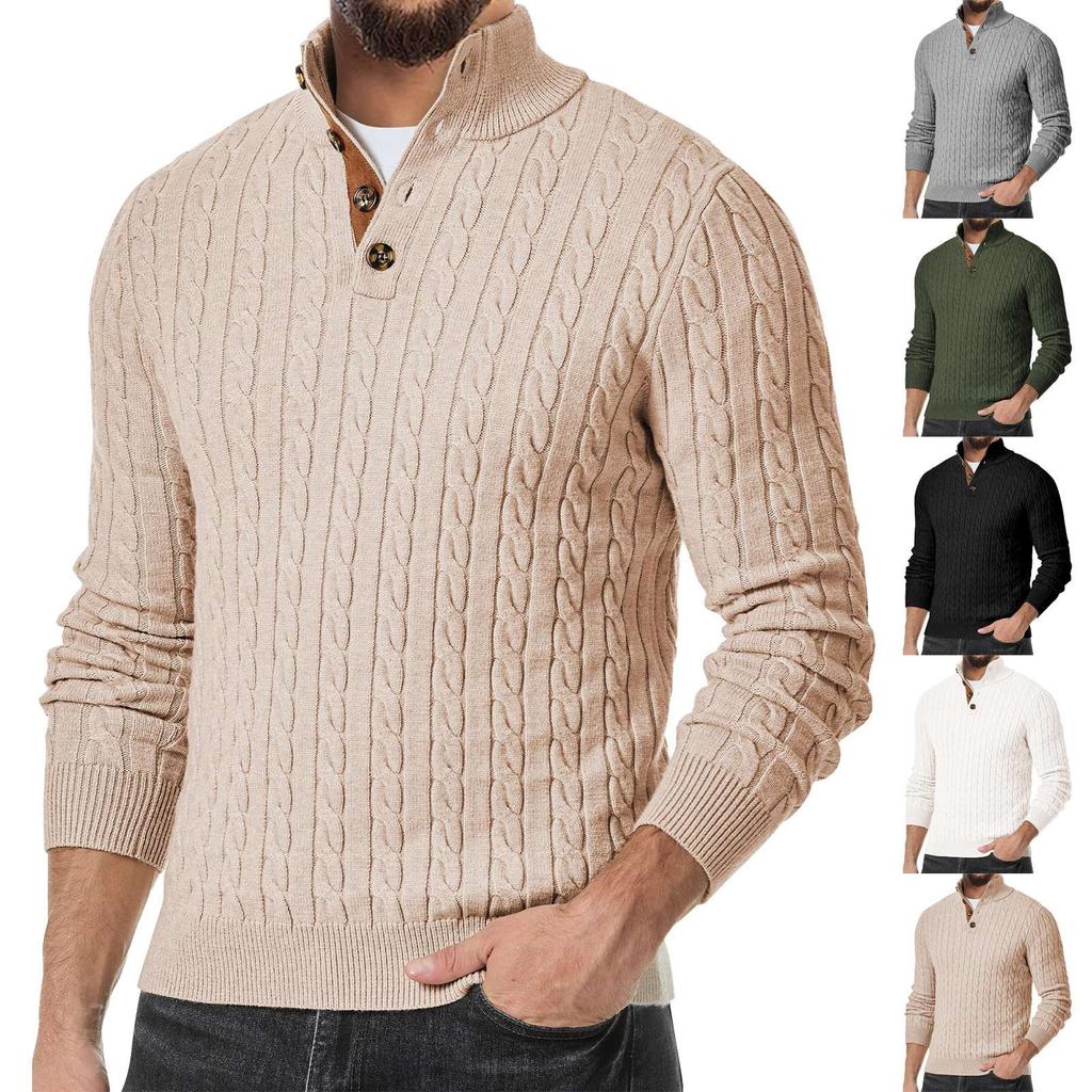 Men's Casual Sports Knit Sweater Slim Fit Button High Collar Patchwork Sweater