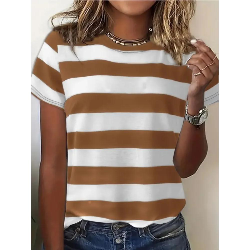 Fashion Women's Striped Printed Top Casual Loose Short Sleeves Comfortable Breathable T-Shirts Women’s