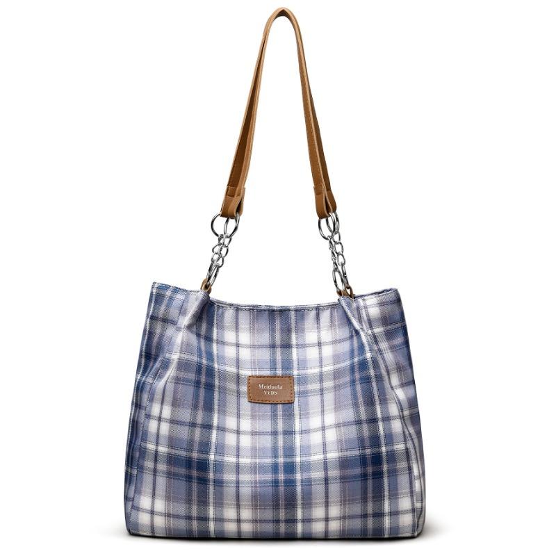 

Stylish, simple and large-capacity contrasting color plaid shoulder bag versatile commuter new tote bag синий