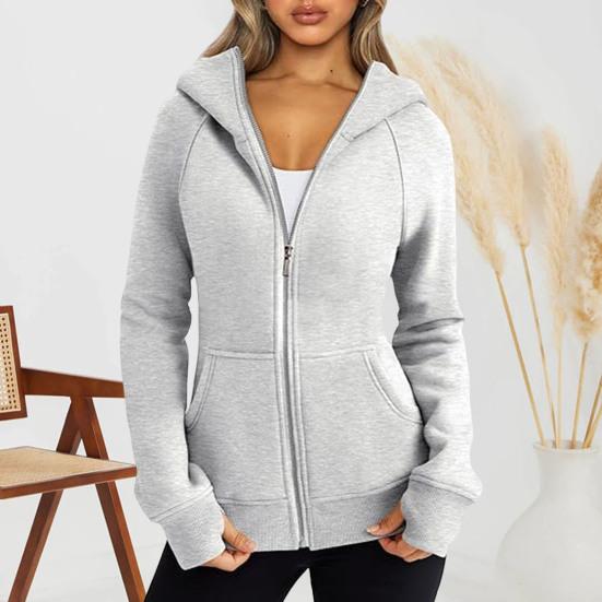 Damen-Kapuzenjacke mit Plüschfutter, einfarbig, Reißverschluss mit Taschen, elastischen Bündchen