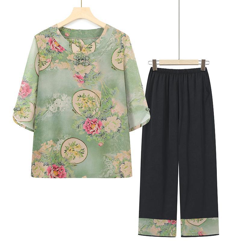 

Senior Women s Summer Two-Piece Outfit: 3/4 Sleeve T-Shirt & Thin Shirt for Grandma 3XL (Recommended for 110-125 jin)
