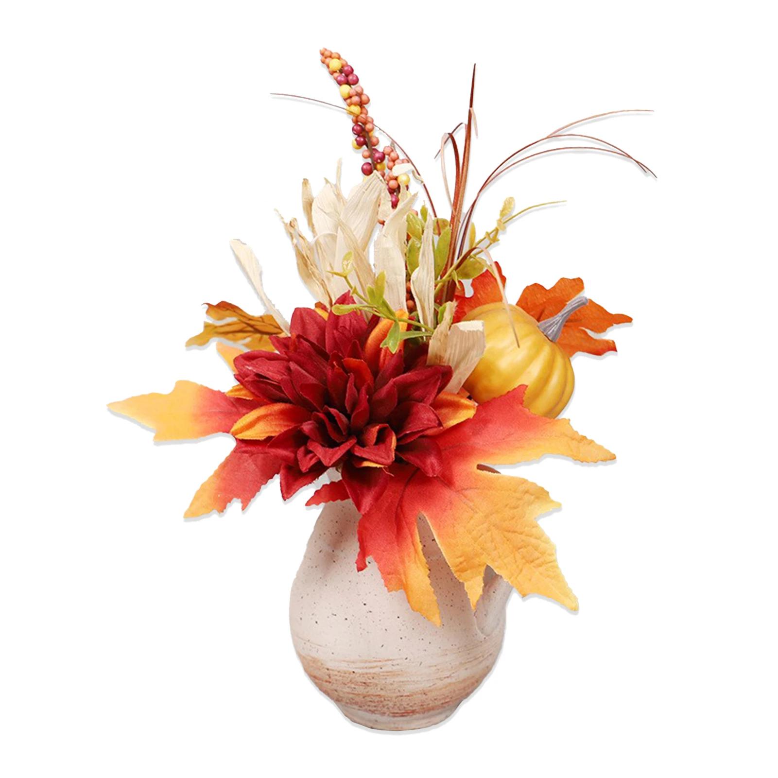 Autumn Thanksgiving Simulated Flowers With Ceramic Vase Home Decor Ornaments Harvest Halloween Desktop Simulation Flower