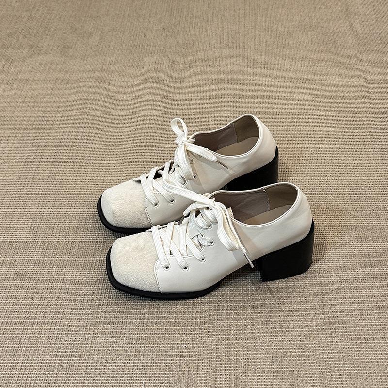 

Ретро туфли-лоферы на шнуровке на толстом каблуке осенне-зимний дизайн чувство моды темперамент женские туфли Мэри Джейн на высоком каблуке 40 бежевый