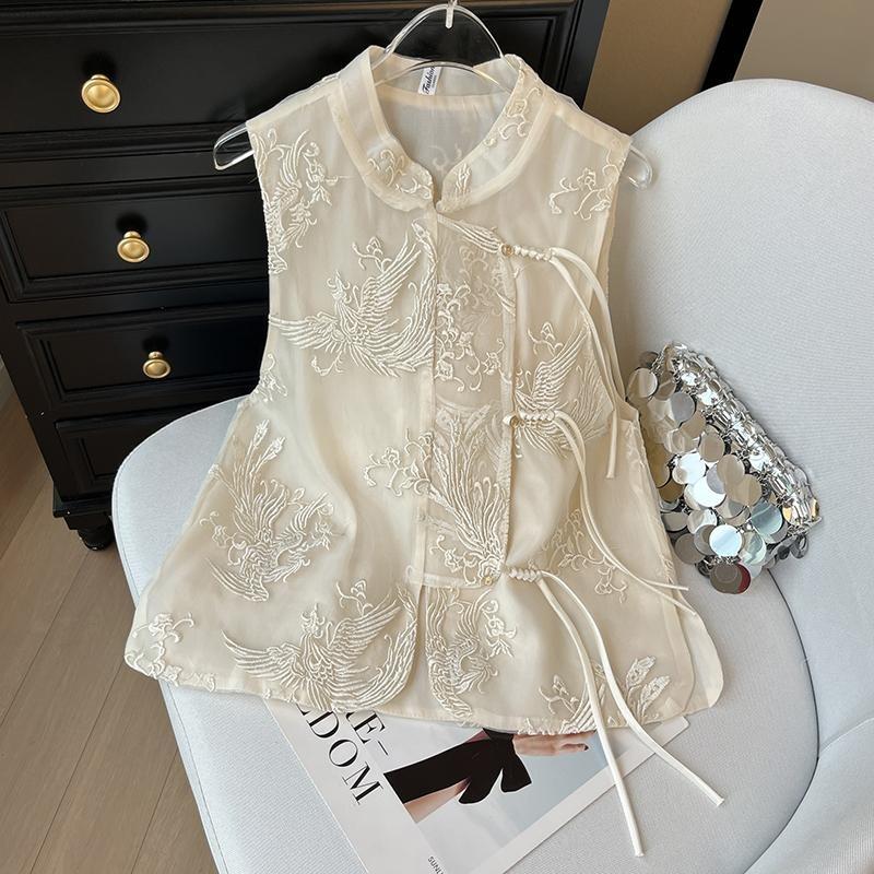 

Embroidered jacquard button-up strap-up collar vest women s summer lace splicing vest top 3XL ([Recommended 138-75kg])