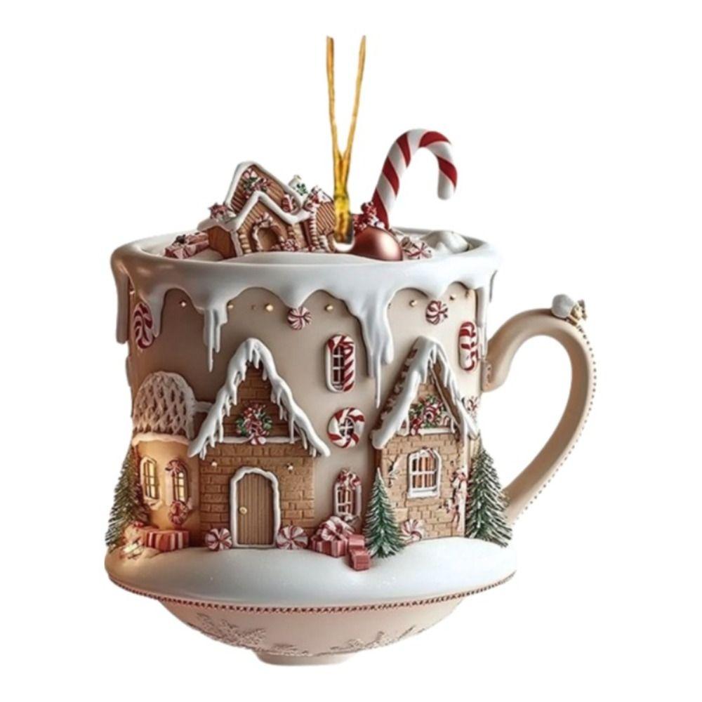 Snow House Christmas Hanging Pendant 2D Flat Chocolate Mug Car Coffee Cup Pendant Acrylic Bag Charms Xmas Tree Hanging Ornament