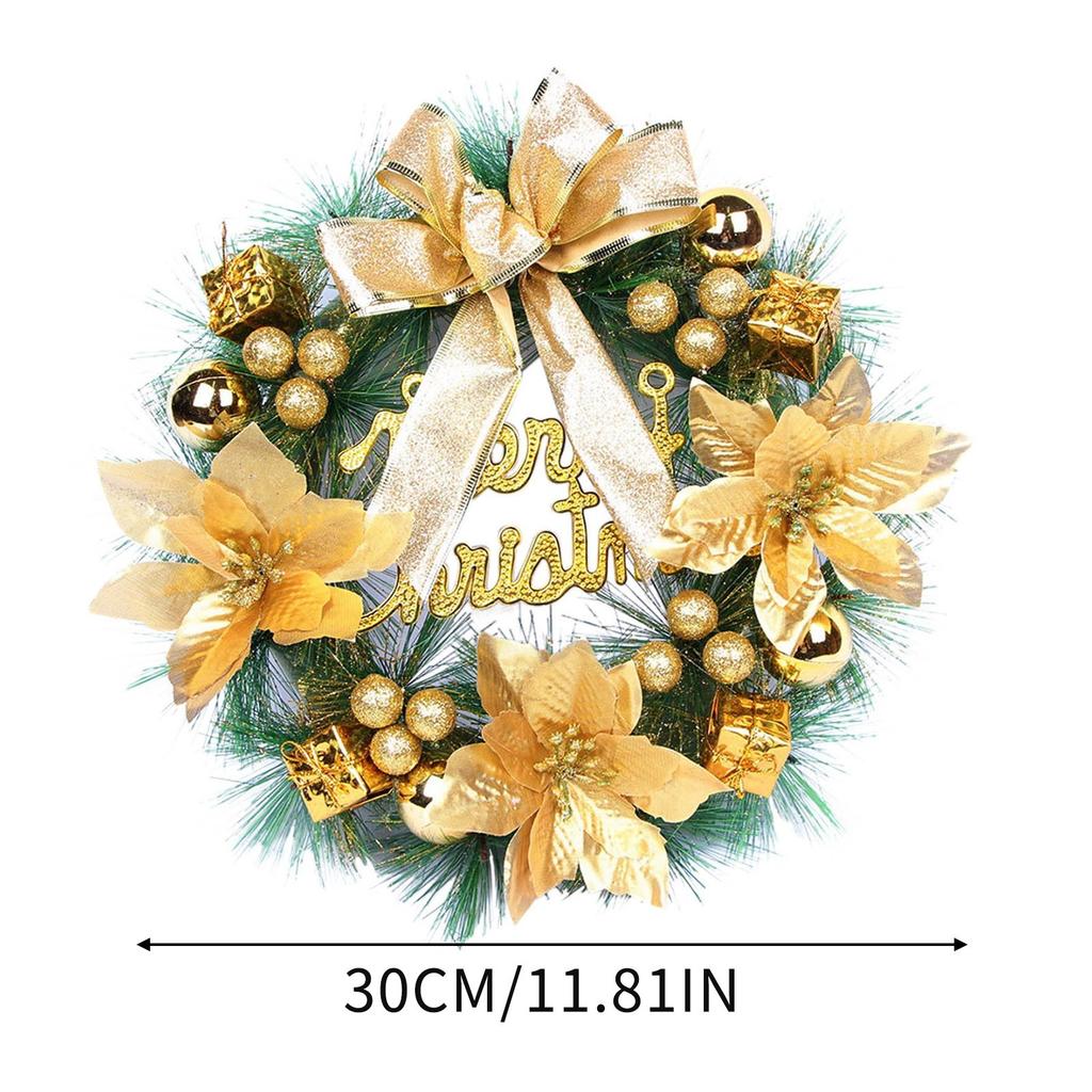 Christmas Wreath Front Door Welcome Bow & Poinsettia Design Pine Detail Festive Holiday Home Door Hanging Decorating